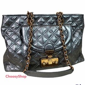 Marc Jacobs Leather Bag Astor metallic silver quilted Dustbag, Key, Cards, ta…